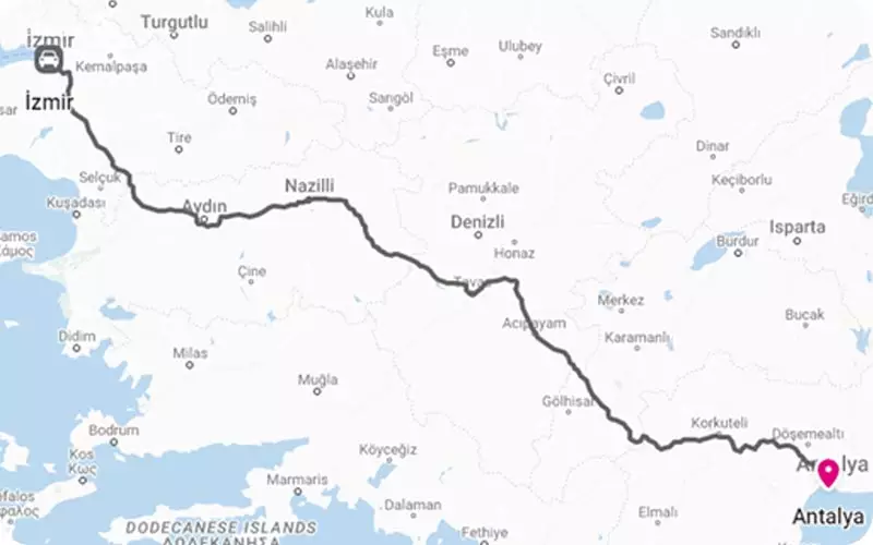 فاصله آنتالیا تا ازمیر از روی نقشه